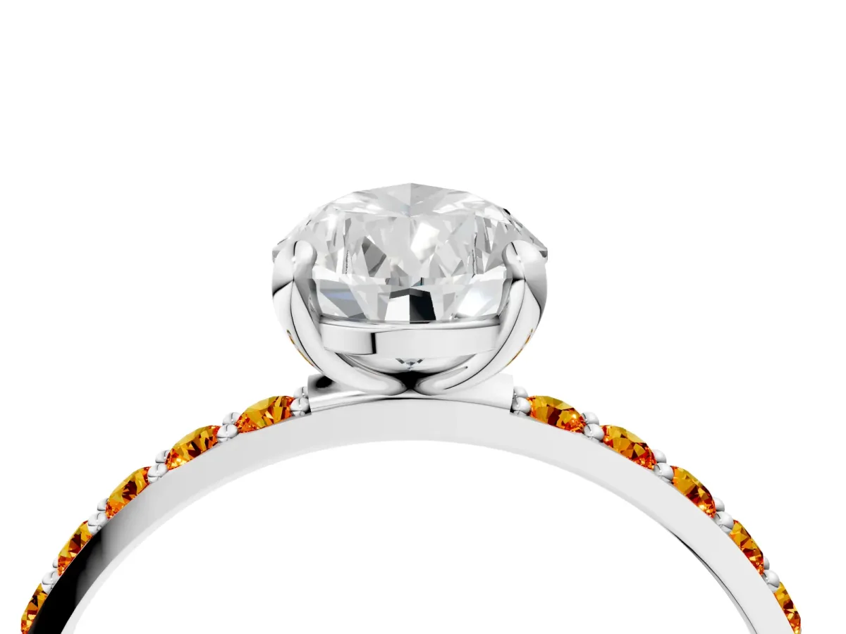 Pear Cut Diamond Solitaire Ring with Round Citrine Pavé Band and Prong Setting Platinum