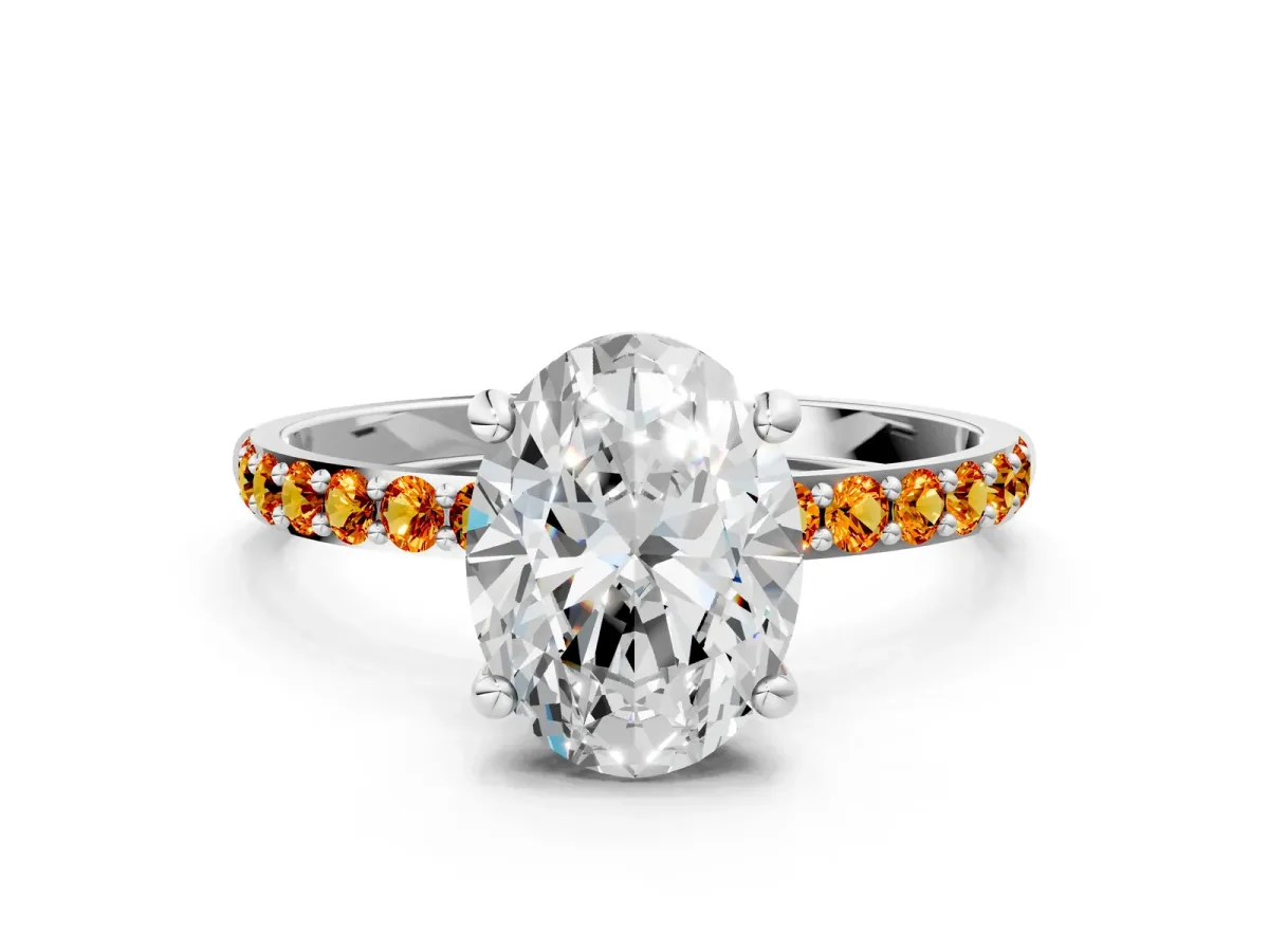 Oval Cut Diamond Solitaire Ring with Round Citrine Pavé Band and Prong Setting Platinum