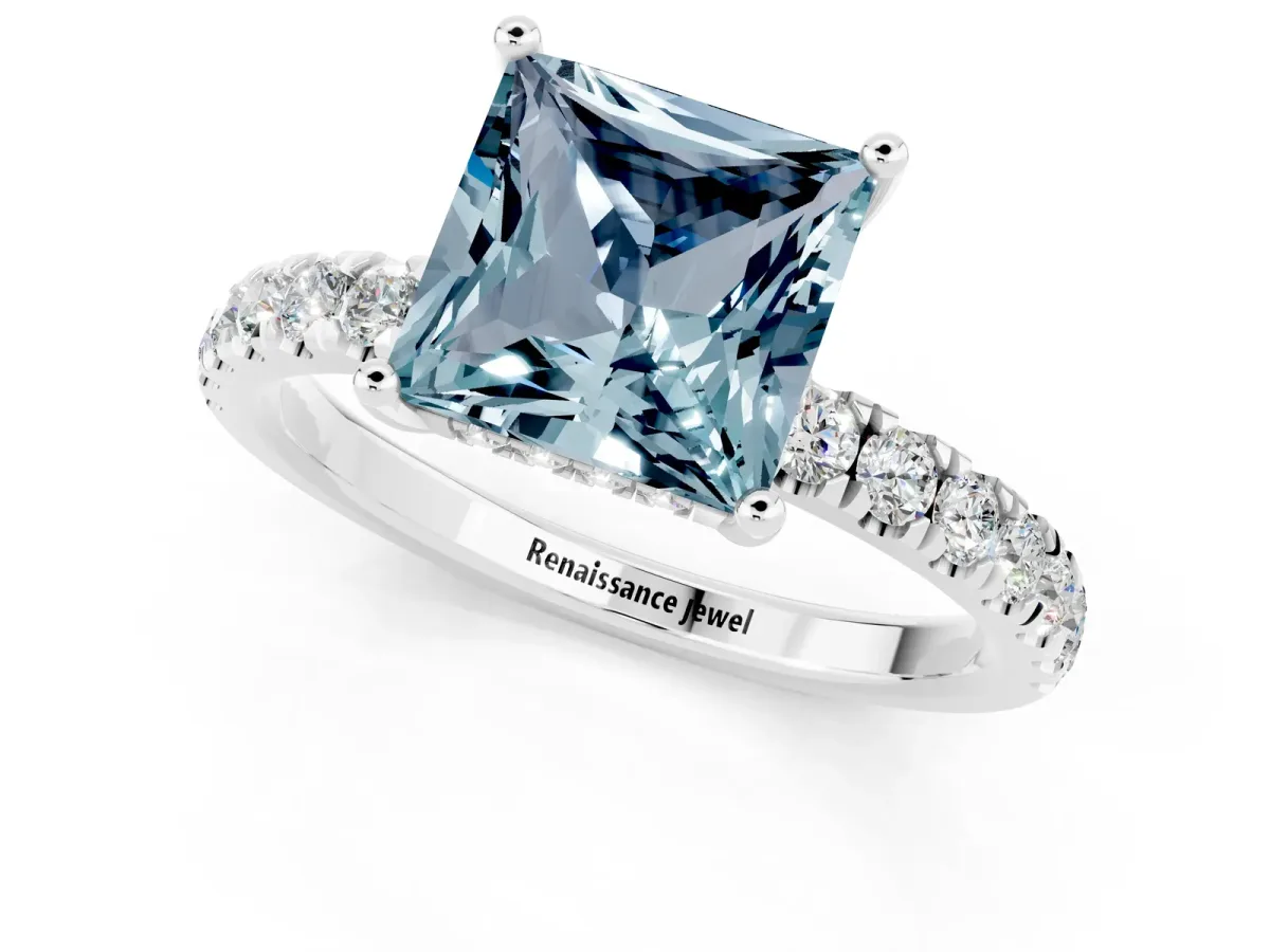 Princess Cut Aquamarine Pave Band Solitaire Ring with Round and Prong Setting Platinum