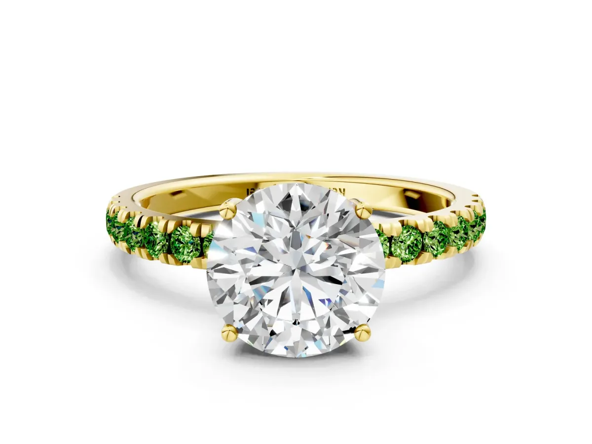 Round Cut Diamond Pave Band Solitaire Ring with Round Peridot and Prong Setting Yellow gold