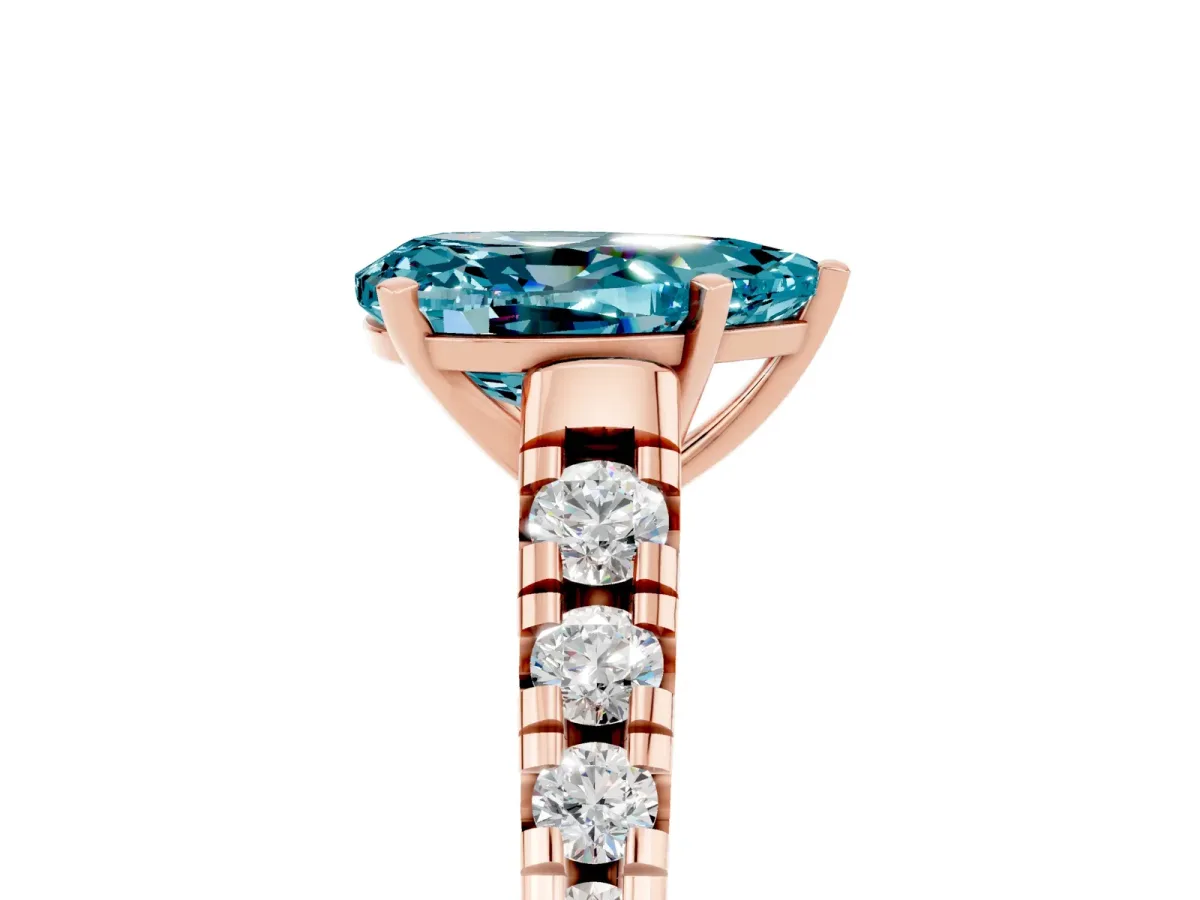 Pear Cut Blue Topaz Cathedral Solitaire Ring with Round Pavé Band Rose gold