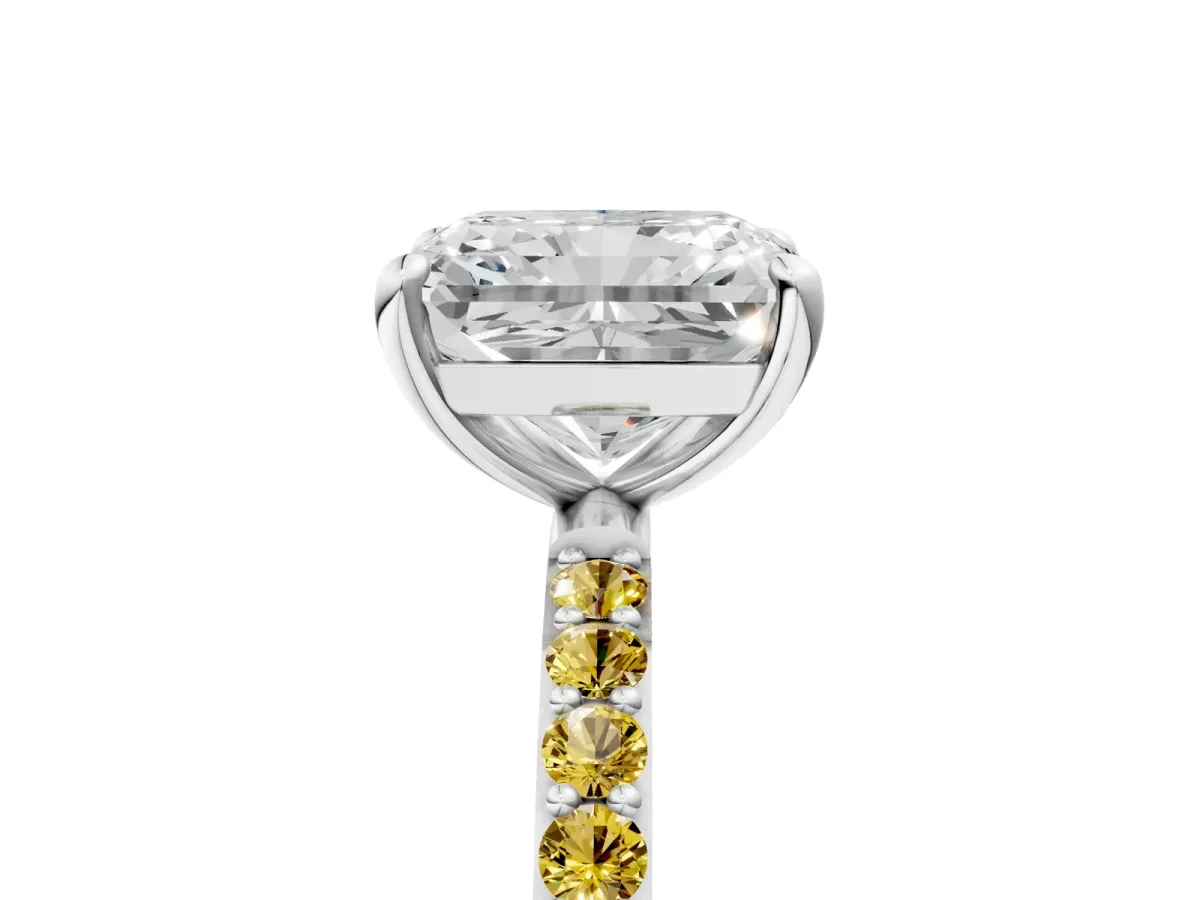 Radiant Cut Diamond Solitaire Ring with Round Yellow Sapphire Pavé Band and Prong Setting Silver