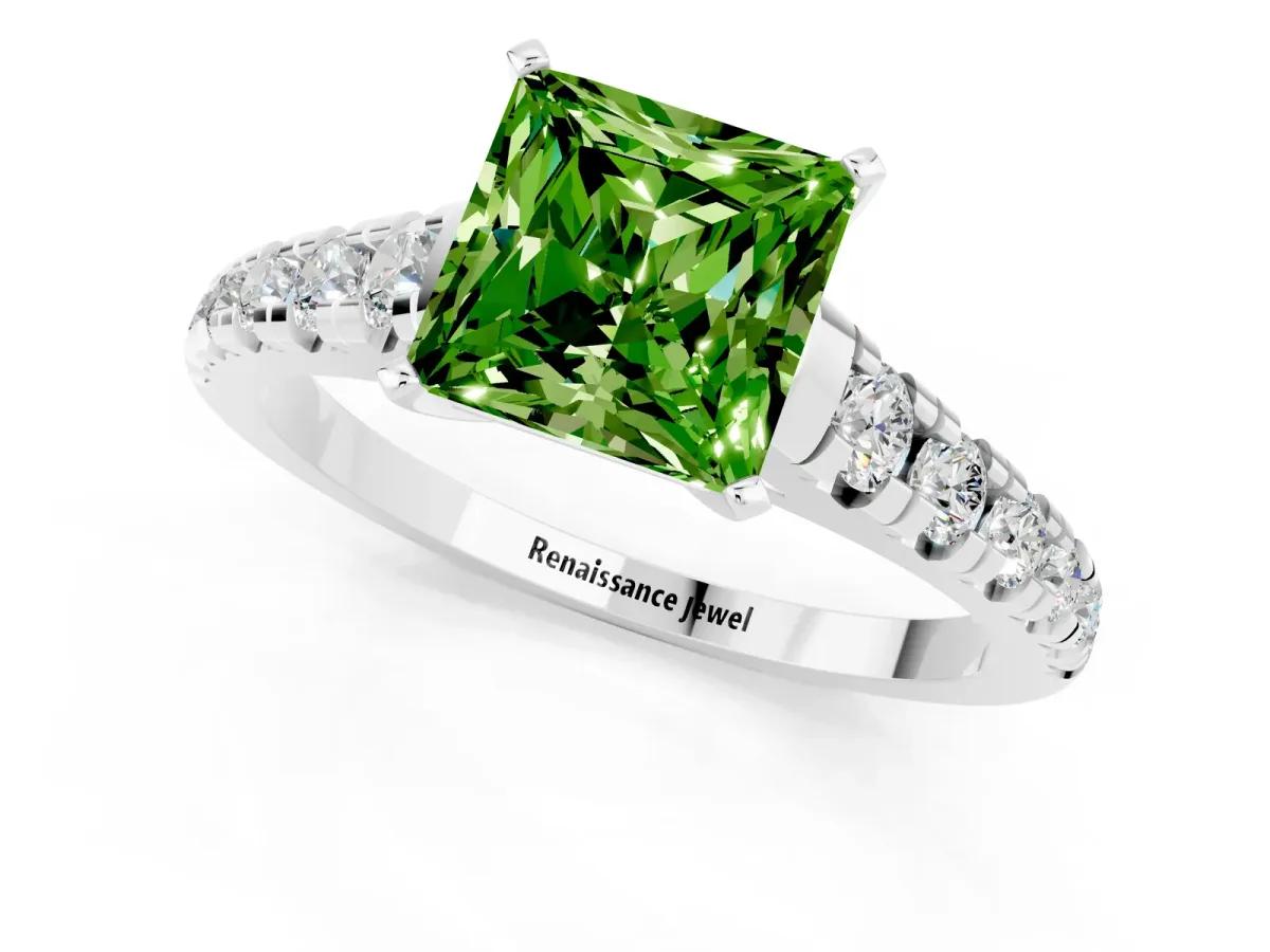 Princess Cut Peridot Cathedral Solitaire Ring with Round Pavé Band White gold
