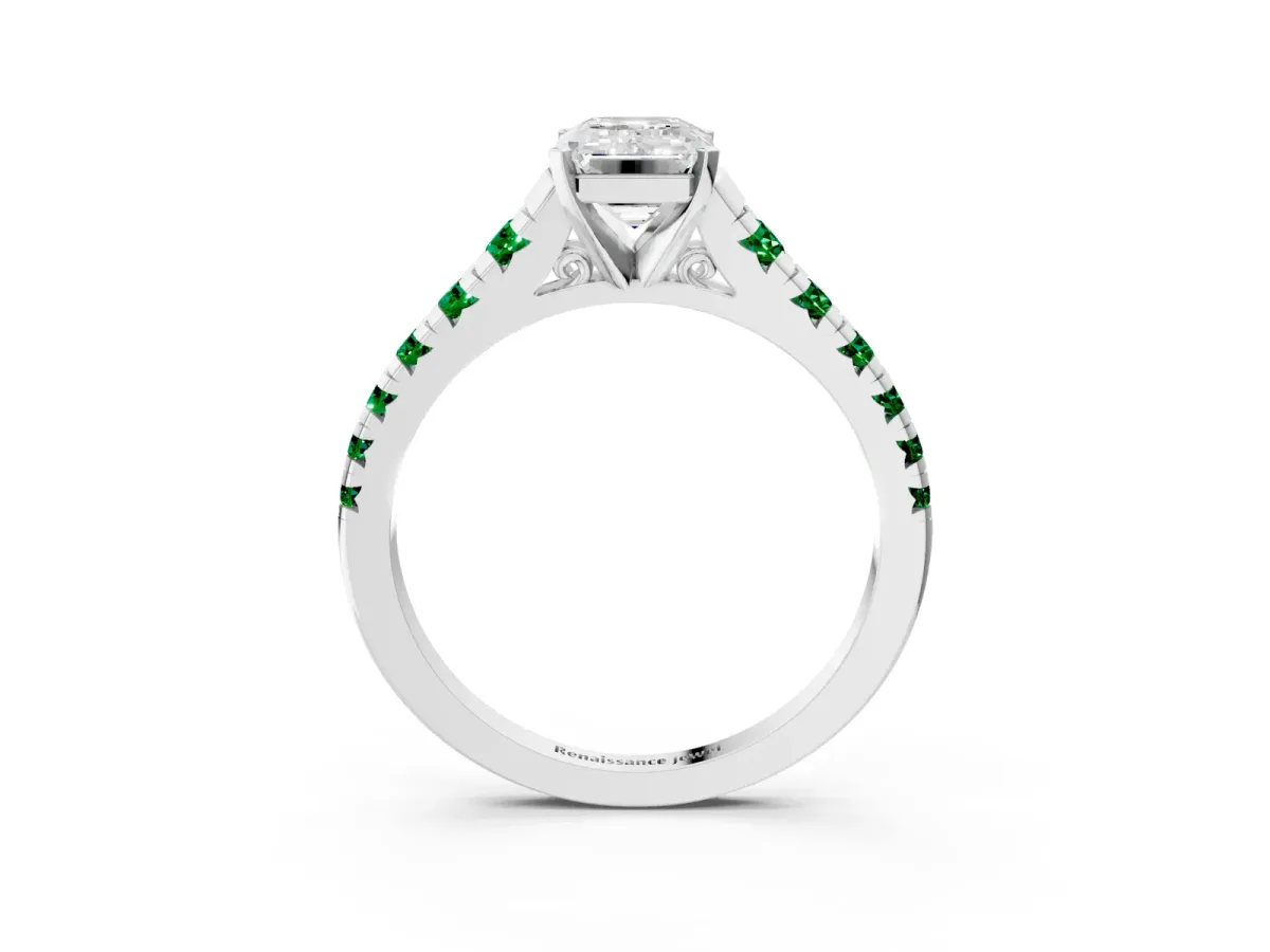 Emerald Cut Diamond Cathedral Solitaire Ring with Round Emerald Pavé Band White gold
