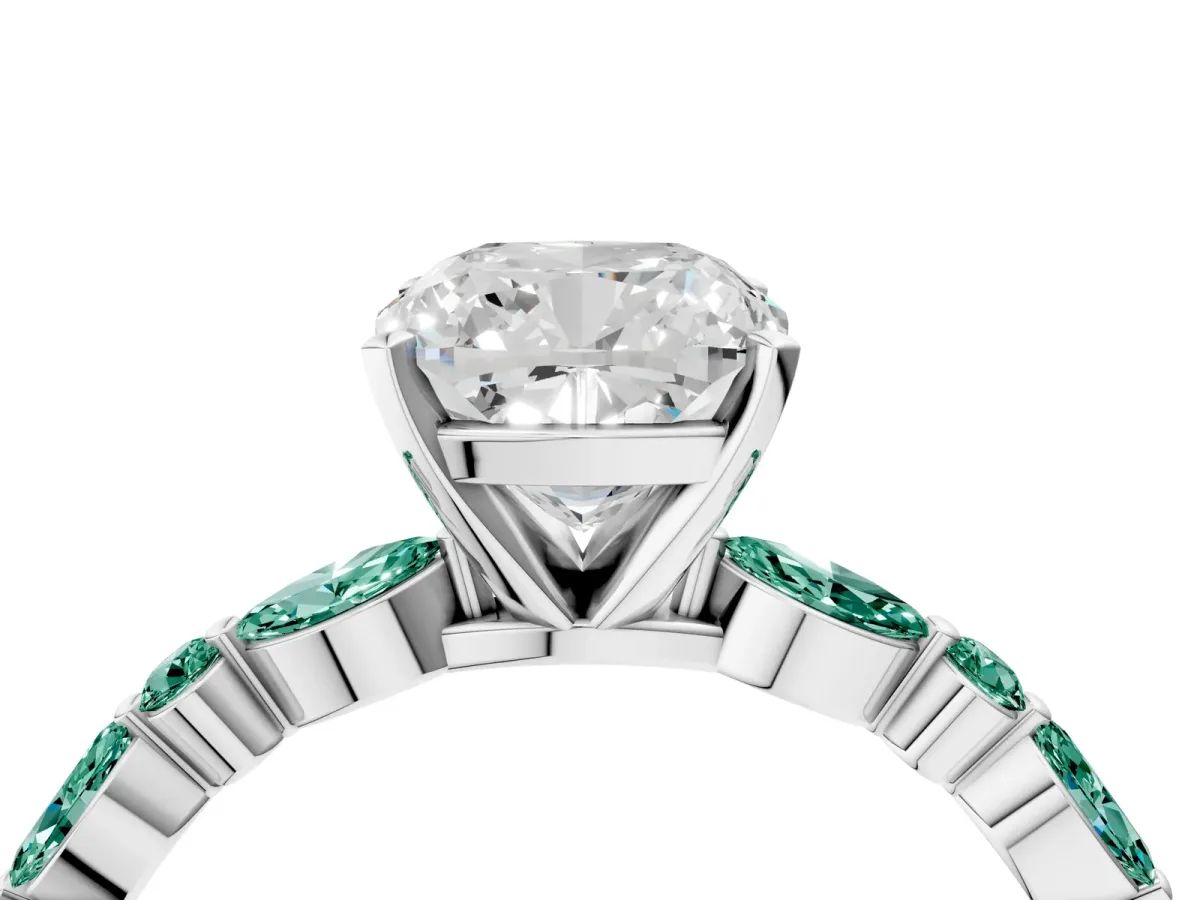 Cushion Cut Diamond Ring with Marquise and Round Green Sapphire Side Stones and Four-Prong Setting Silver