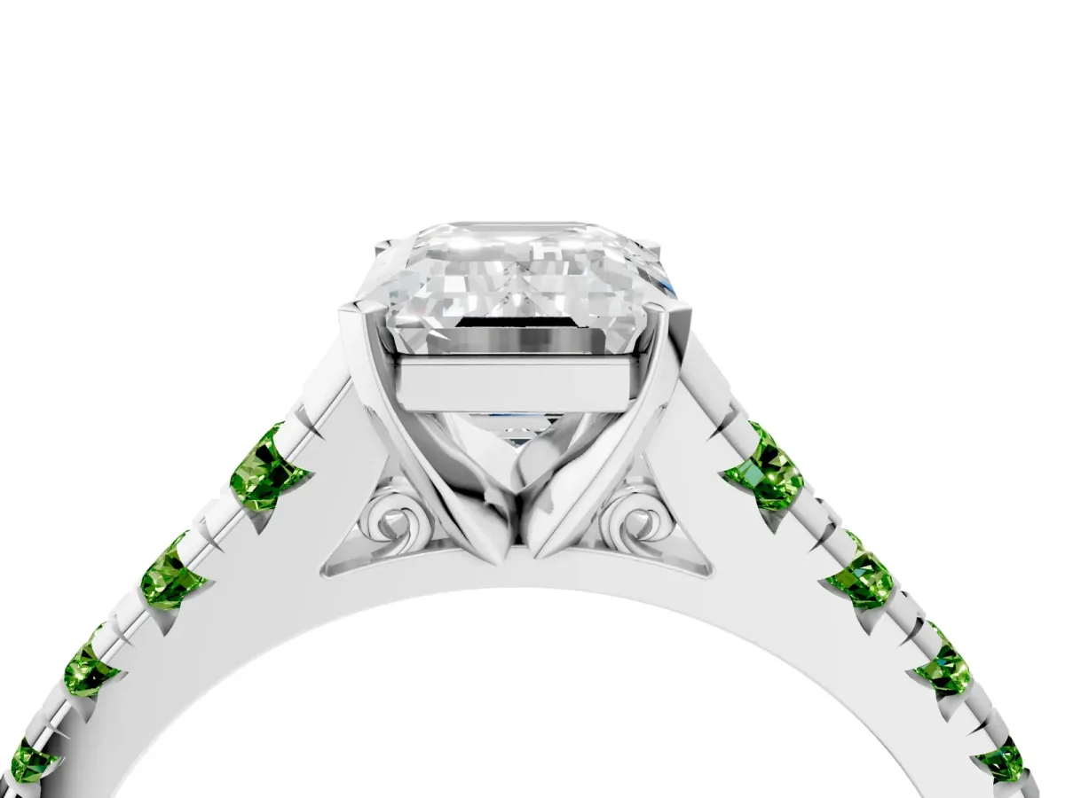 Emerald Cut Diamond Cathedral Solitaire Ring with Round Peridot Pavé Band Silver