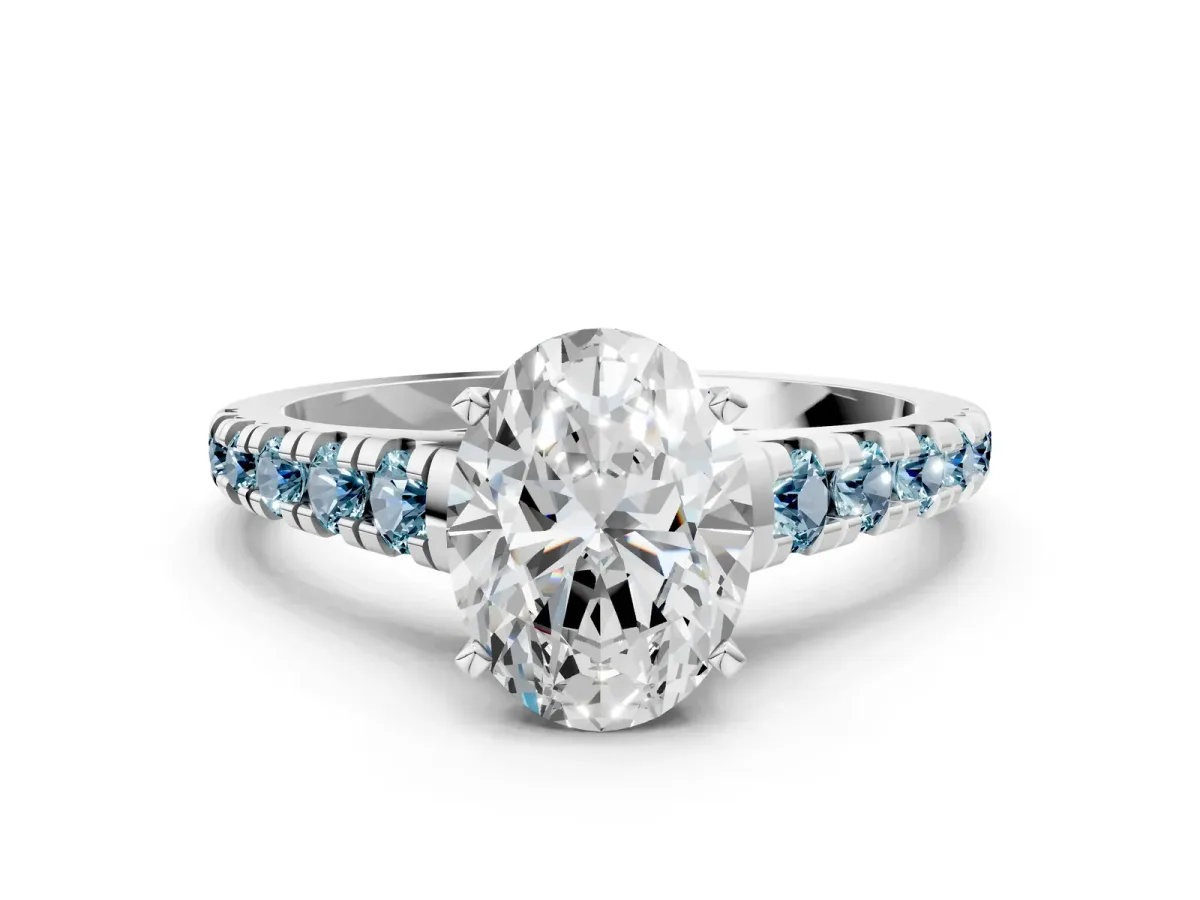Oval Cut Diamond Cathedral Solitaire Ring with Round Aquamarine Pavé Band Silver
