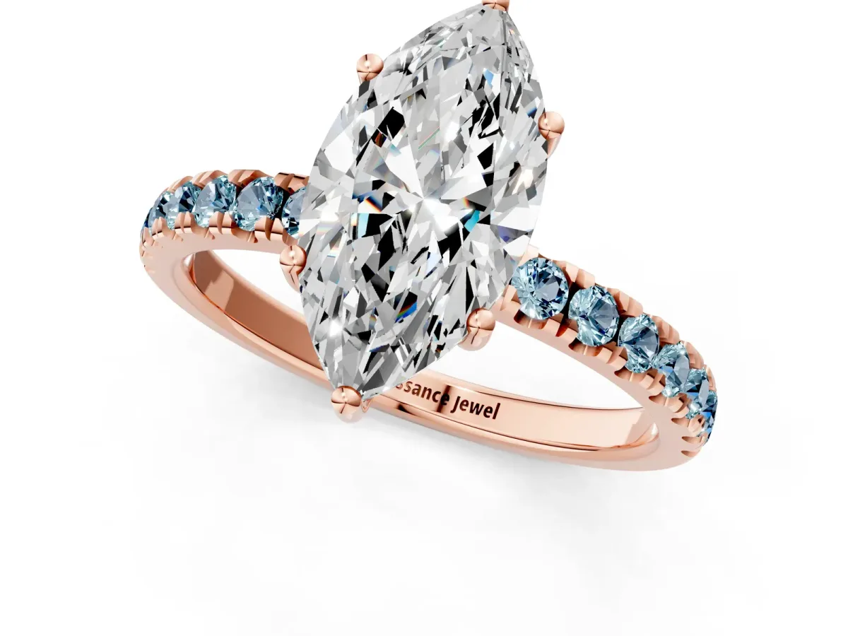 Marquise Cut Diamond Pave Band Solitaire Ring with Round Aquamarine and Prong Setting Rose gold