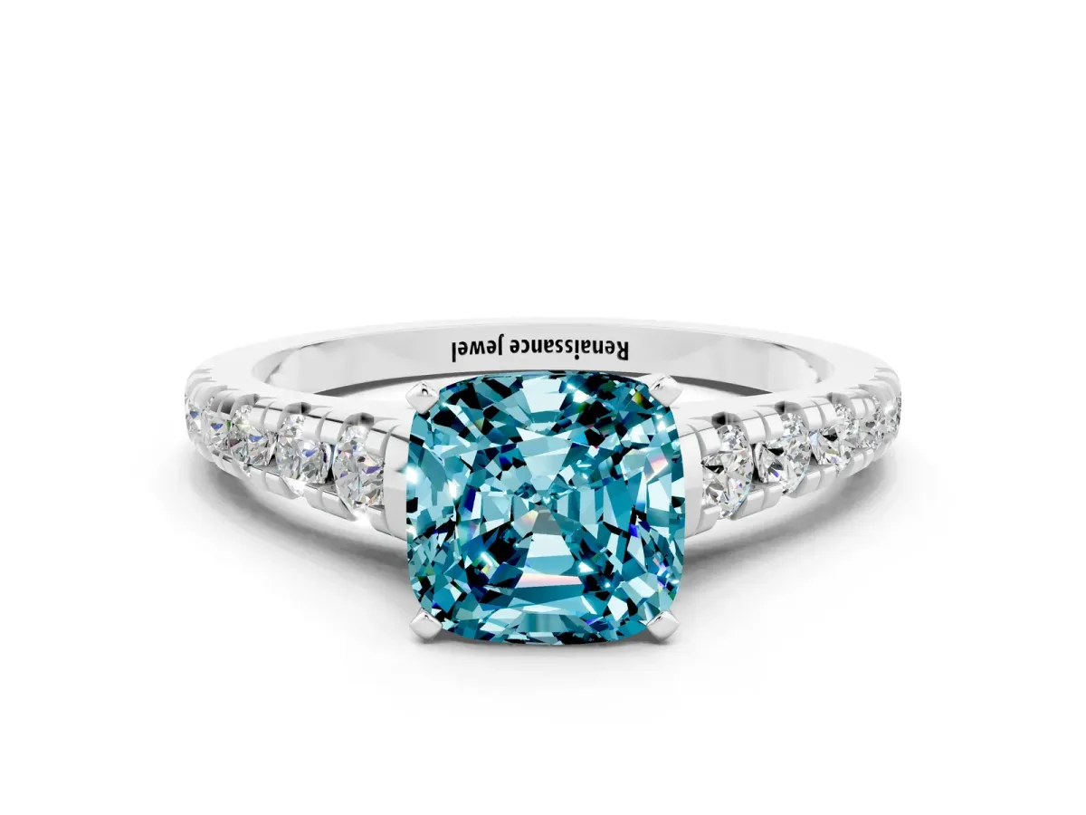Cushion Cut Blue Topaz Cathedral Solitaire Ring with Round Pavé Band Platinum