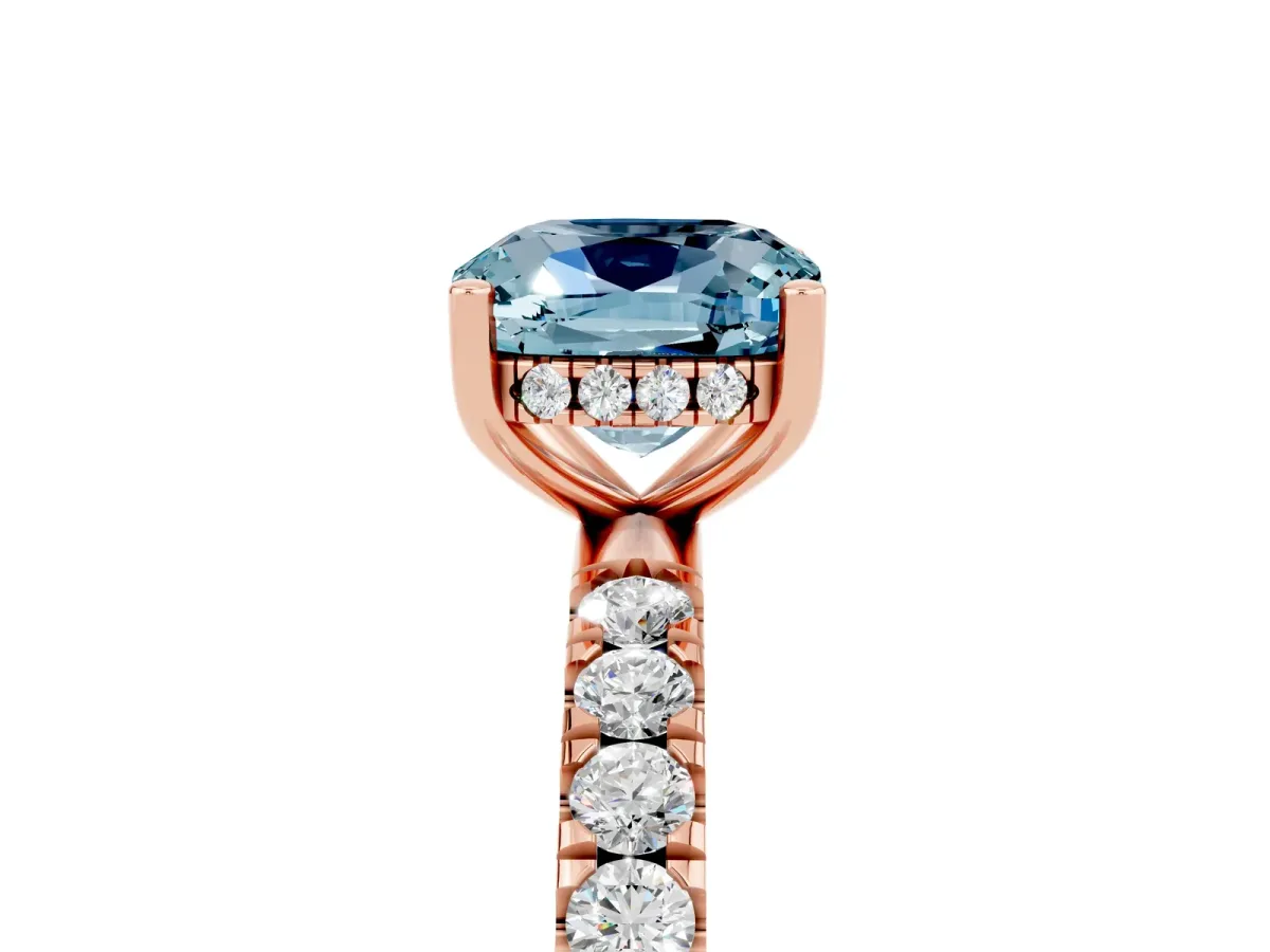 Cushion Cut Aquamarine Pave Band Solitaire Ring with Round and Prong Setting Rose gold