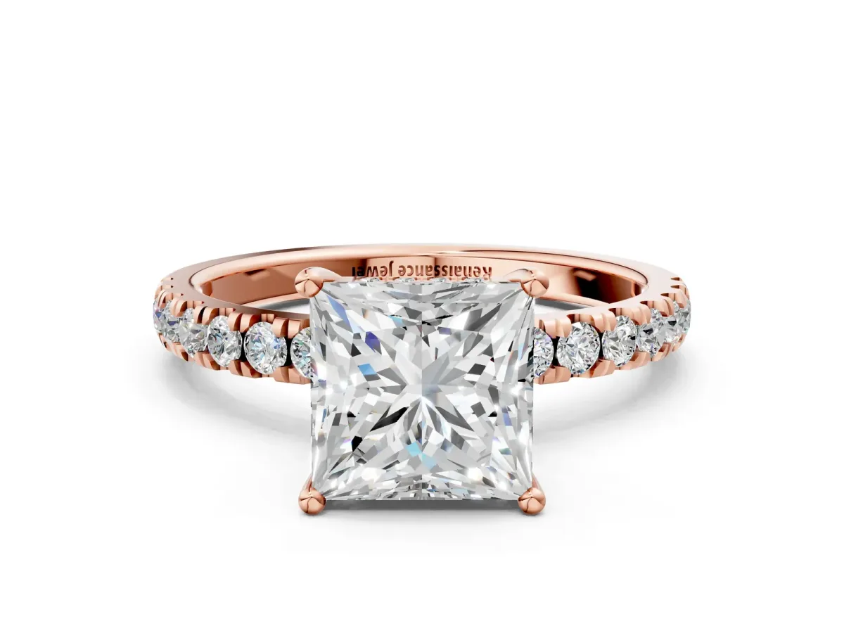 Princess Cut Diamond Pave Band Solitaire Ring with Round and Prong Setting Rose gold