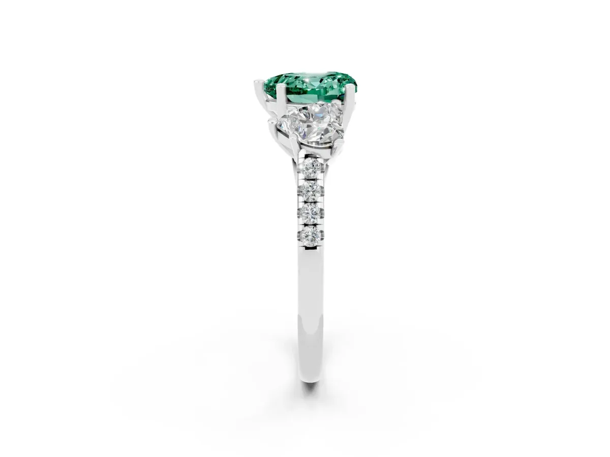 Three-Stone Heart Cut Green Sapphire Ring with Round Pavé Band and Prong Setting Silver