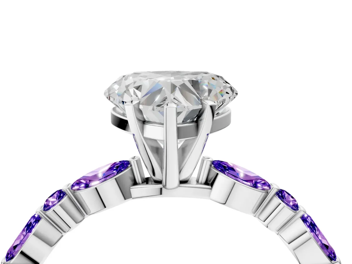 Heart Cut Diamond Ring with Marquise and Round Tanzanite Side Stones and Four-Prong Setting Silver