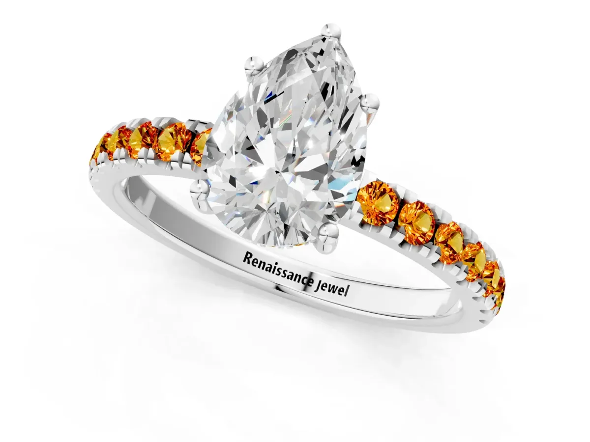 Pear Cut Diamond Pave Band Solitaire Ring with Round Citrine and Prong Setting White gold