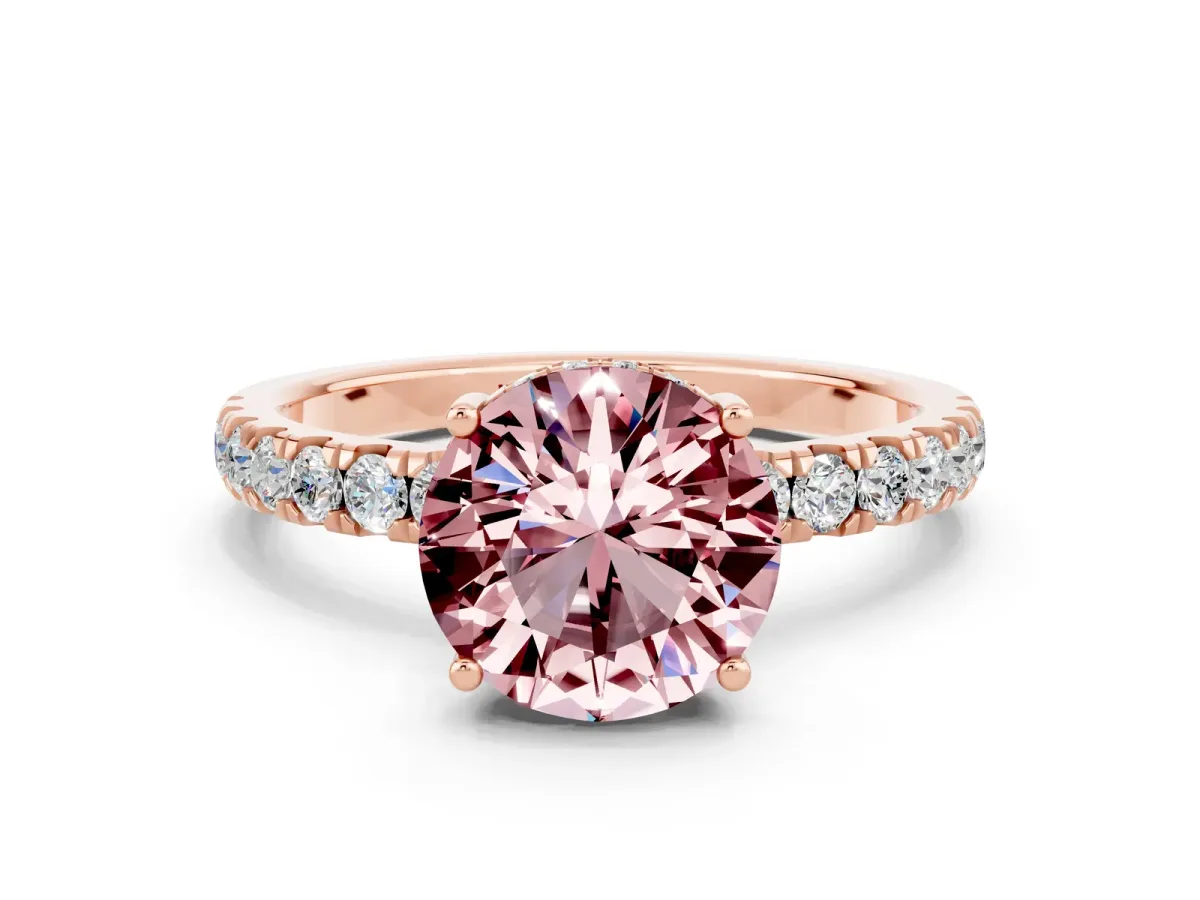 Round Cut Morganite Pave Band Solitaire Ring with Round and Prong Setting Rose gold