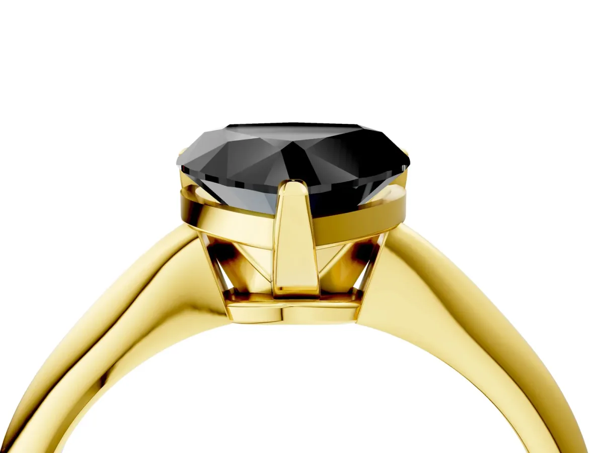Fancy Black Heart Cut Diamond Solitaire Engagement Ring with Classic Band and Four-Prong Setting Yellow gold