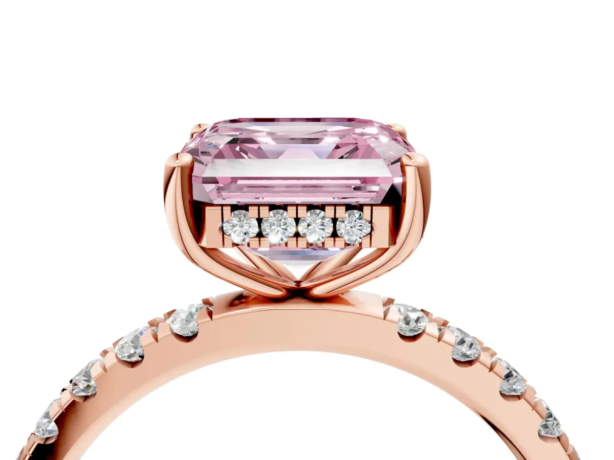 Fancy Pink Asscher Cut Diamond Pave Band Solitaire Ring with Round and Prong Setting Rose gold