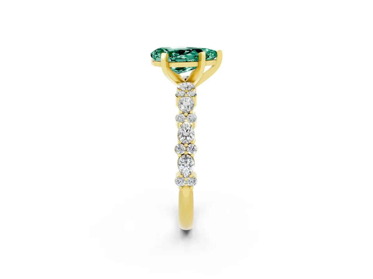 Pear Cut Green Sapphire Side Stone Solitaire Ring with Round and Four-Prong Setting Yellow gold