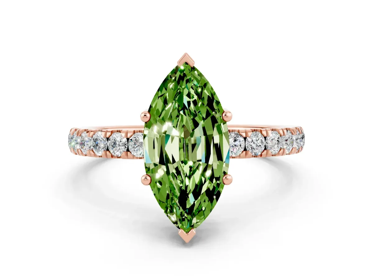 Marquise Cut Peridot Pave Band Solitaire Ring with Round and Prong Setting Rose gold