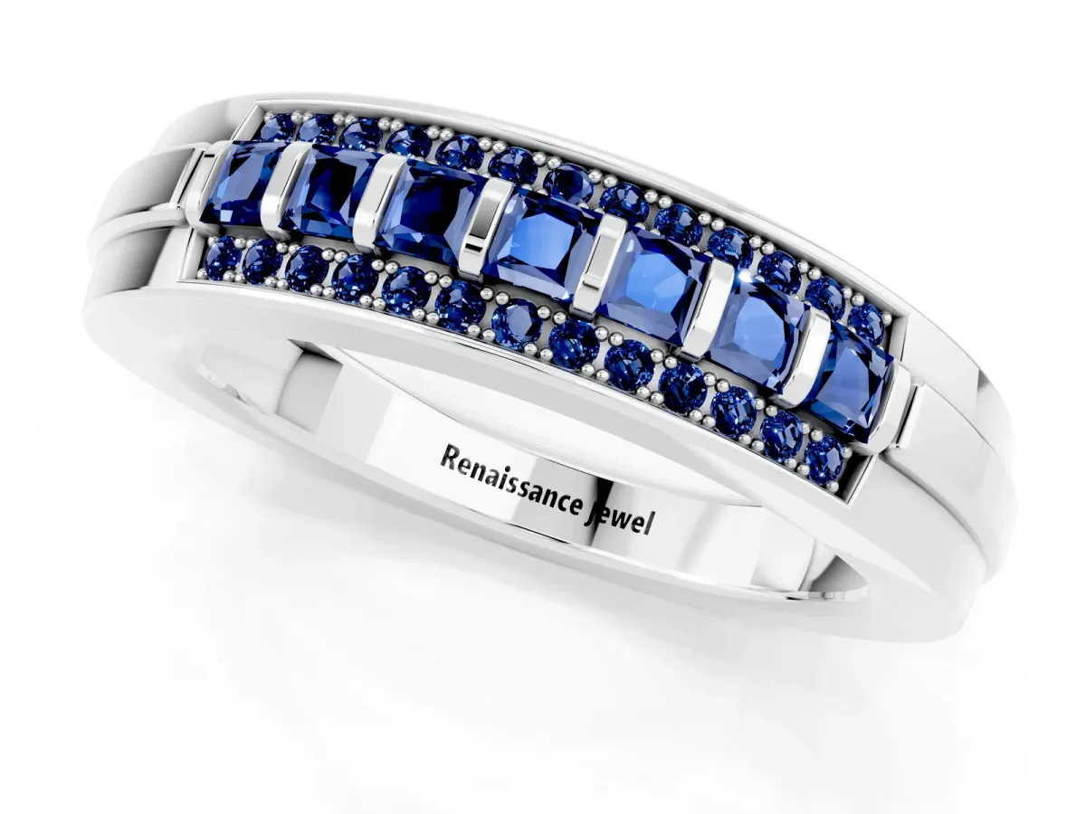 Bar-Set Princess Cut Blue Sapphire Pavé Band White gold
