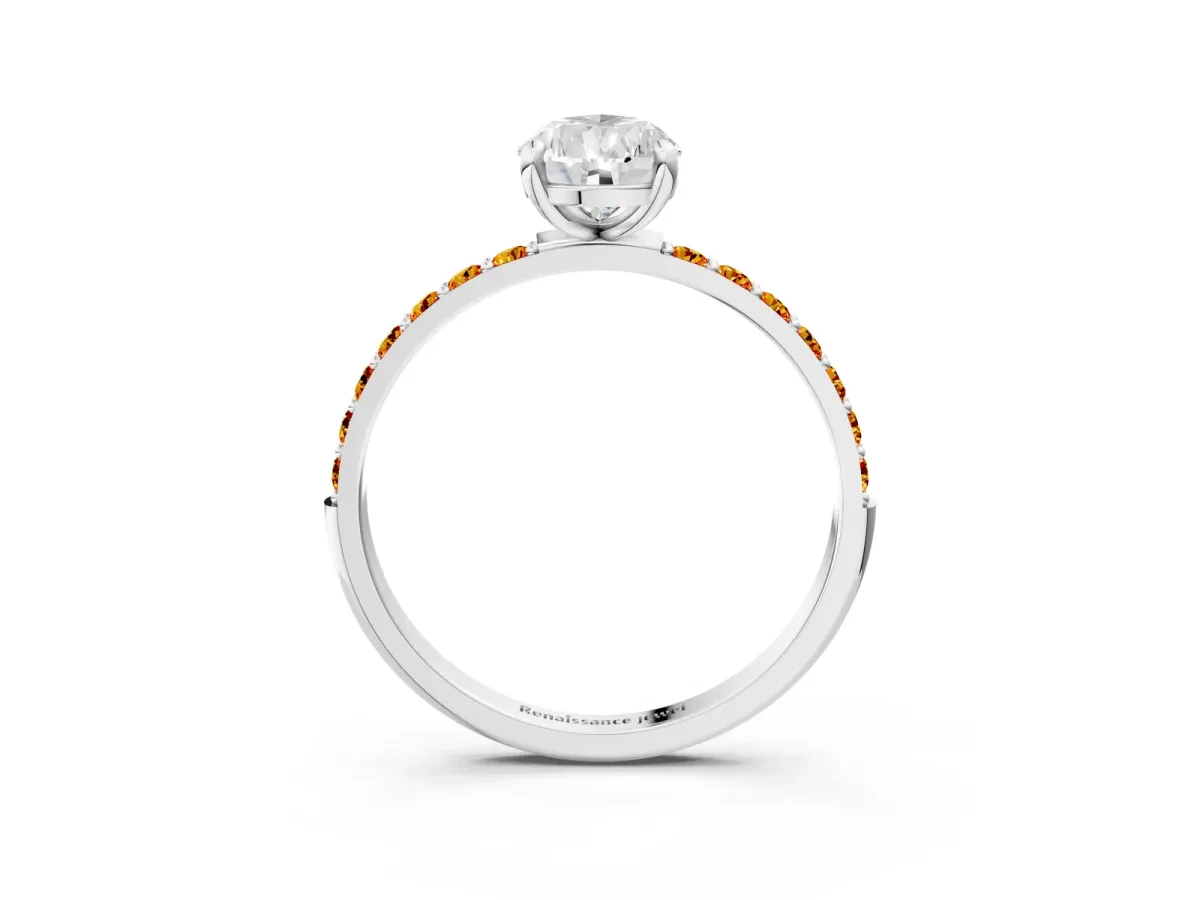 Pear Cut Diamond Solitaire Ring with Round Citrine Pavé Band and Prong Setting Platinum