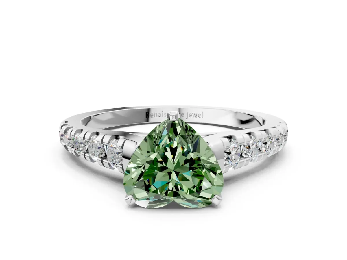 Fancy Green Heart Cut Diamond Cathedral Solitaire Ring with Round Pavé Band Silver