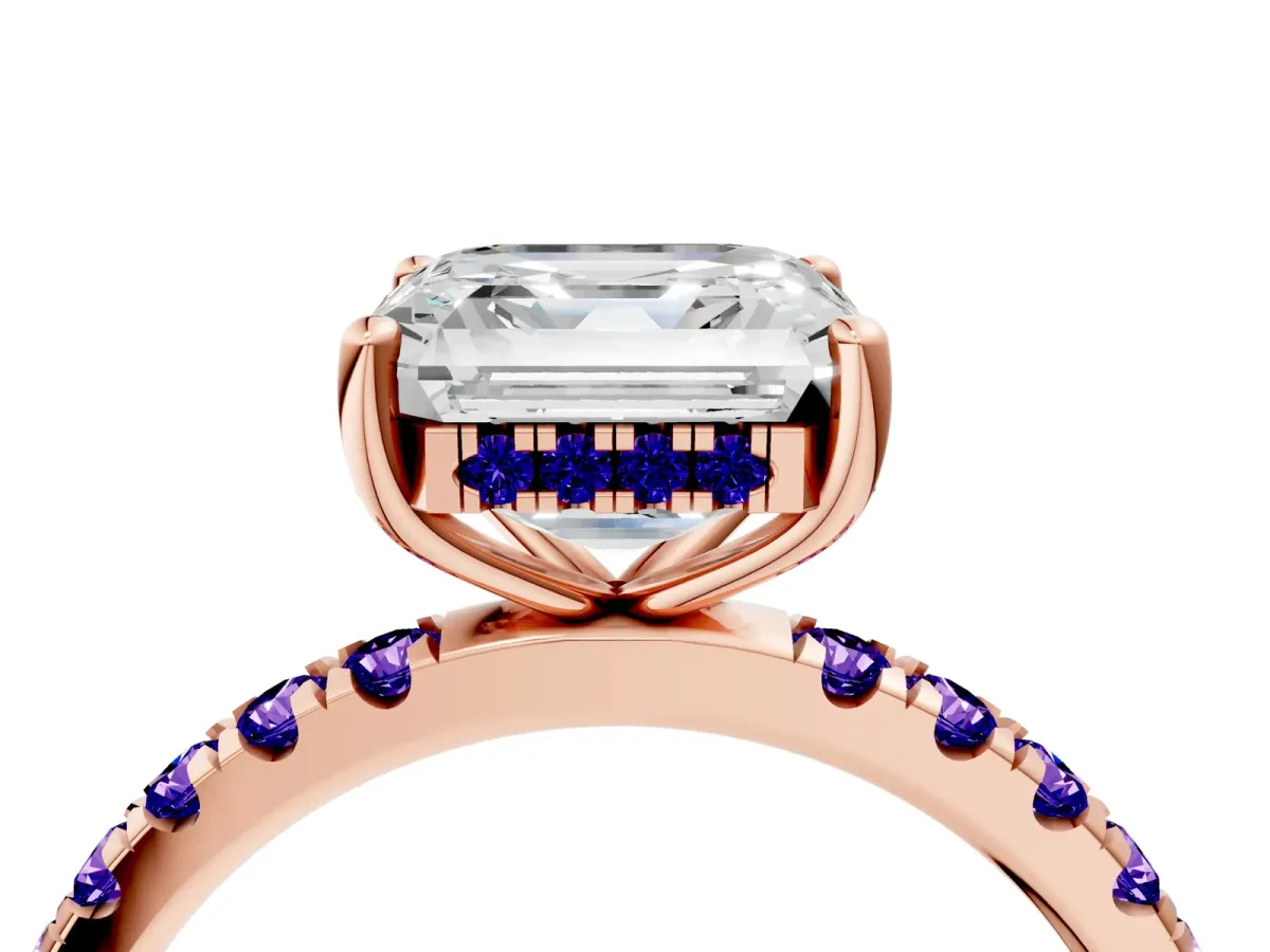 Asscher Cut Diamond Pave Band Solitaire Ring with Round Tanzanite and Prong Setting Rose gold