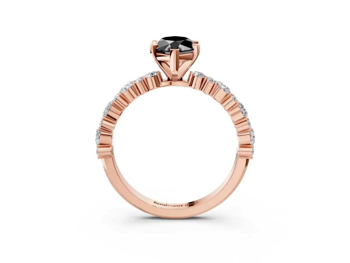Fancy Black Marquise Cut Diamond Side Stone Solitaire Ring with Round and Four-Prong Setting Rose gold