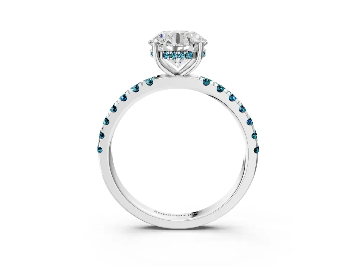 Round Cut Diamond Pave Band Solitaire Ring with Round Blue Topaz and Prong Setting Platinum
