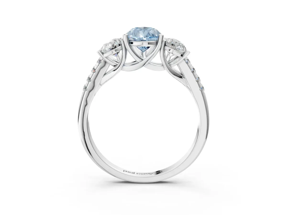 Fancy Blue Three-Stone Pear Cut Diamond Ring with Round Pavé Band and Prong Setting Silver