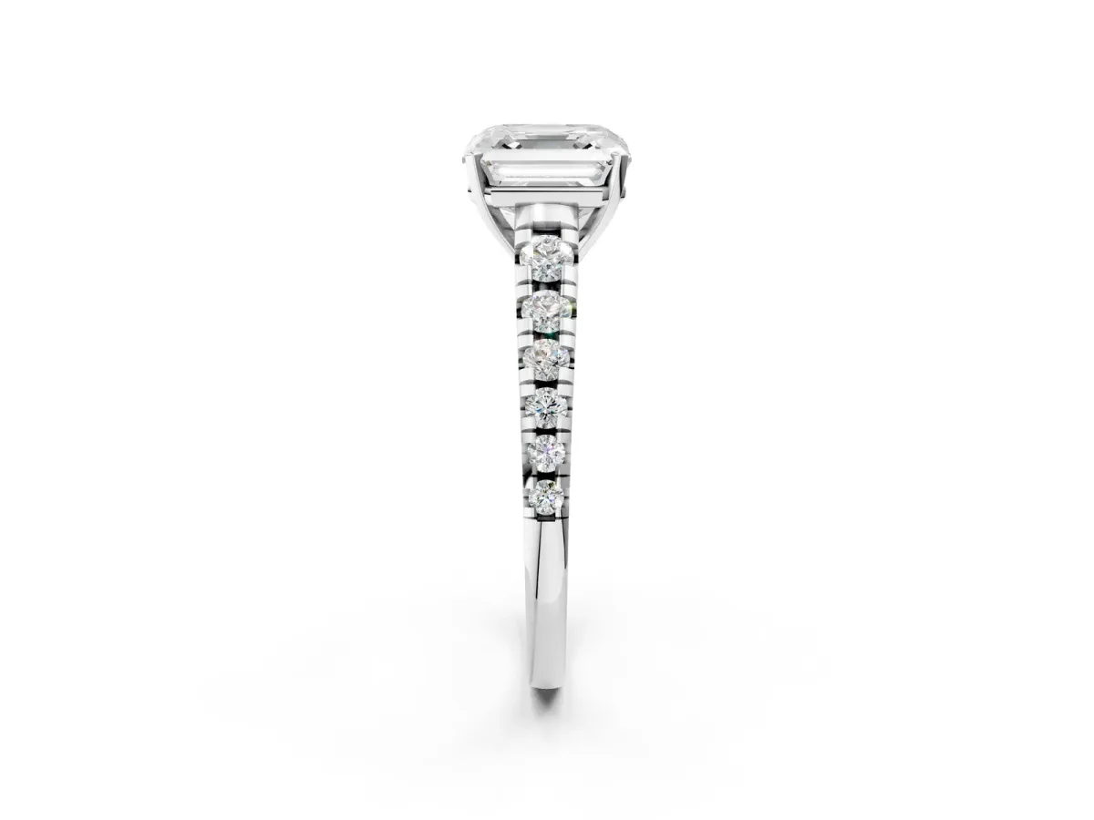 Asscher Cut Diamond Cathedral Solitaire Ring with Round Moissanite Pavé Band Platinum