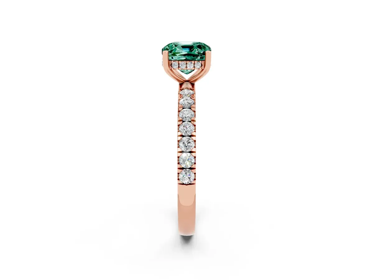 Cushion Cut Green Sapphire Pave Band Solitaire Ring with Round and Prong Setting Rose gold