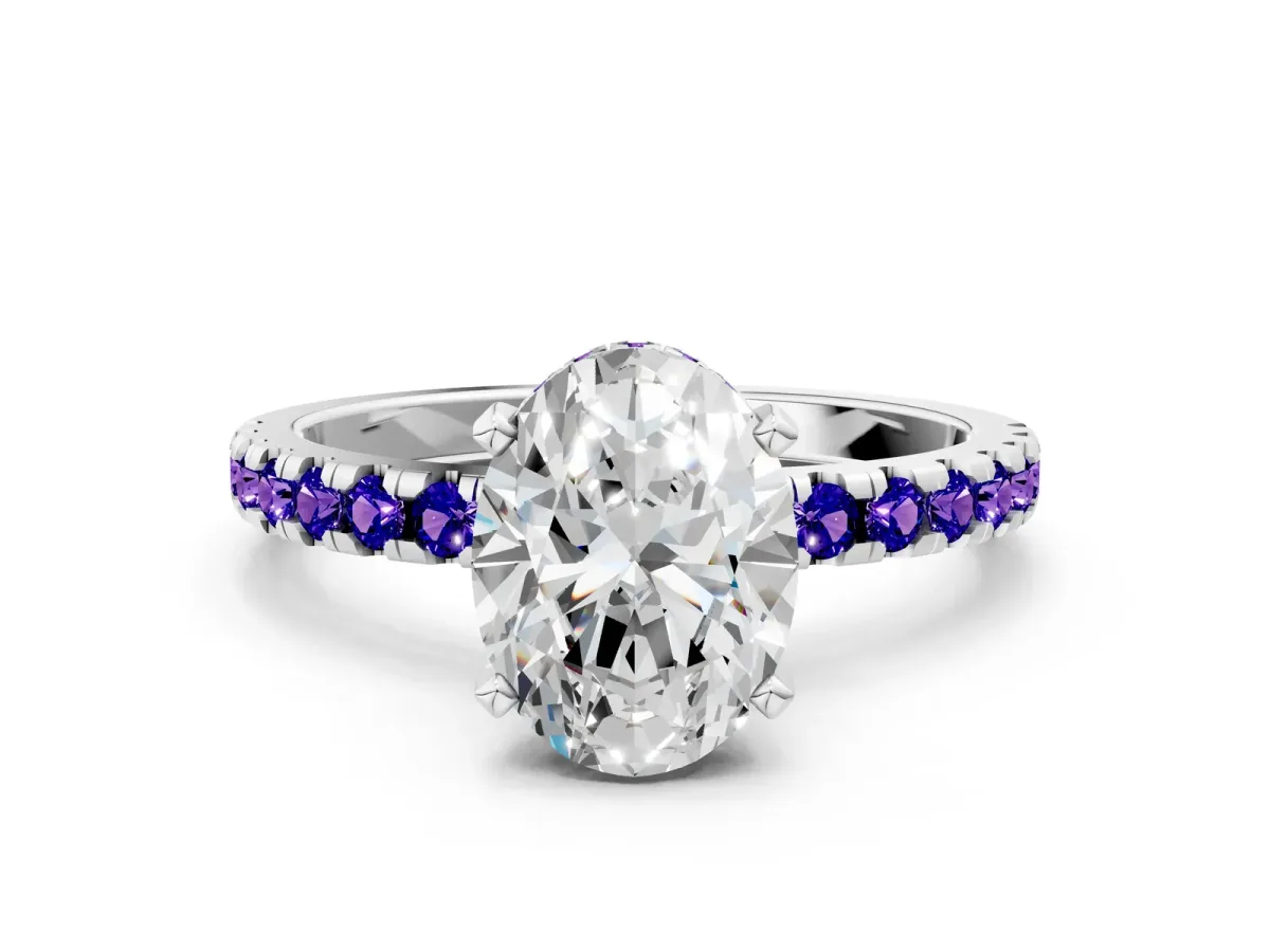 Oval Cut Diamond Solitaire Ring with Round Tanzanite Pavé Band and Four-Prong Setting Silver