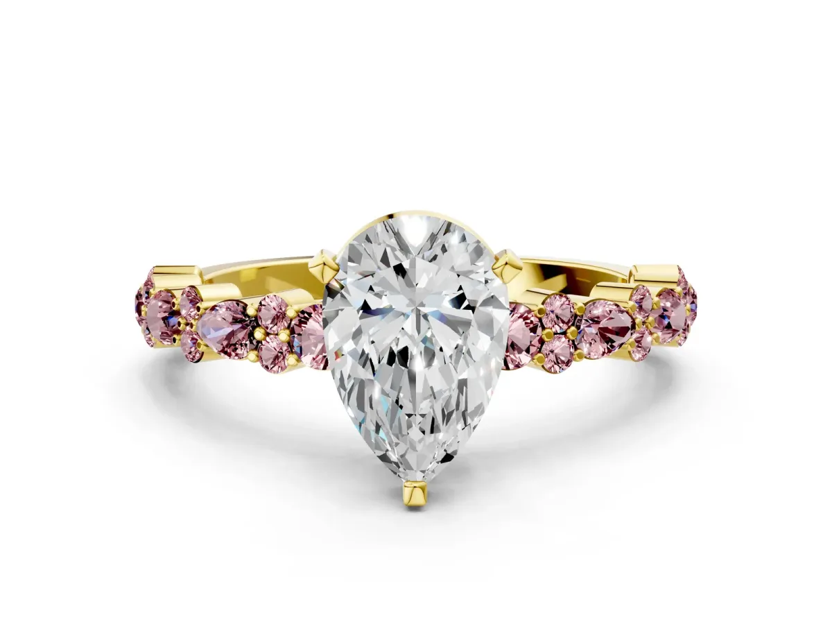 Pear Cut Diamond Side Stone Solitaire Ring with Round Morganite and Four-Prong Setting Yellow gold