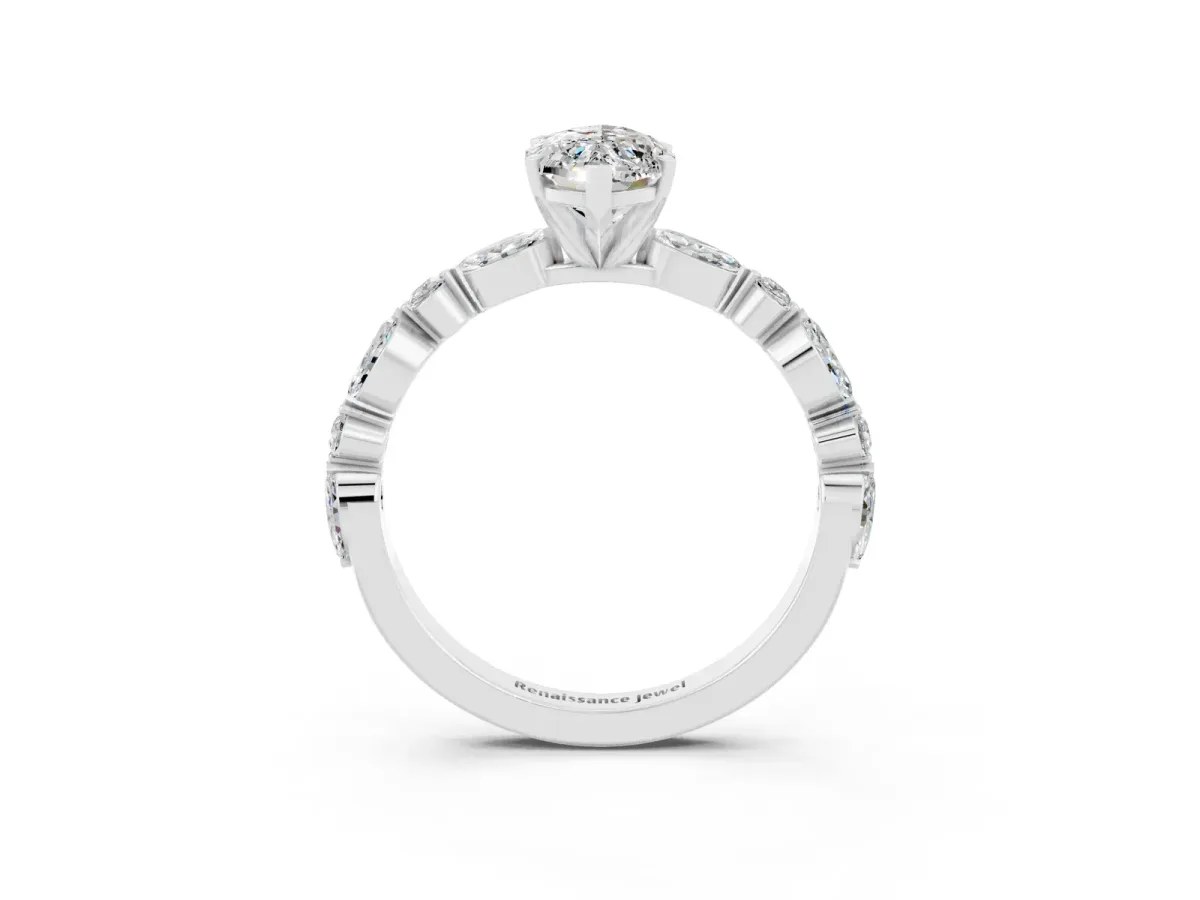 Marquise Cut Moissanite Ring with Marquise and Round Side Stones and Four-Prong Setting Silver