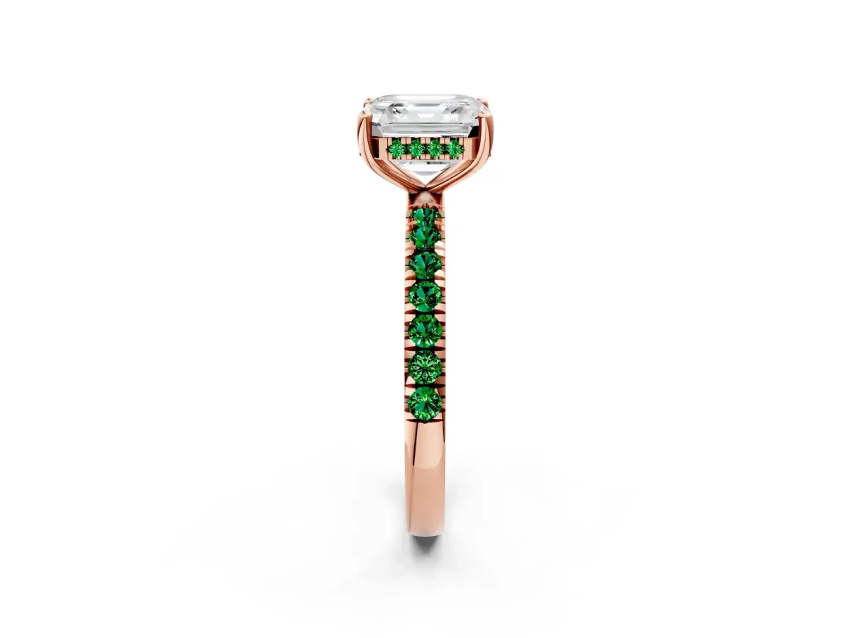 Asscher Cut Diamond Pave Band Solitaire Ring with Round Emerald and Prong Setting Rose gold