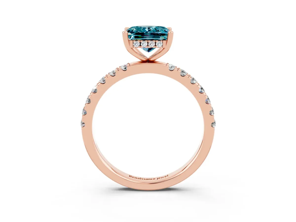 Princess Cut Blue Topaz Pave Band Solitaire Ring with Round and Prong Setting Rose gold