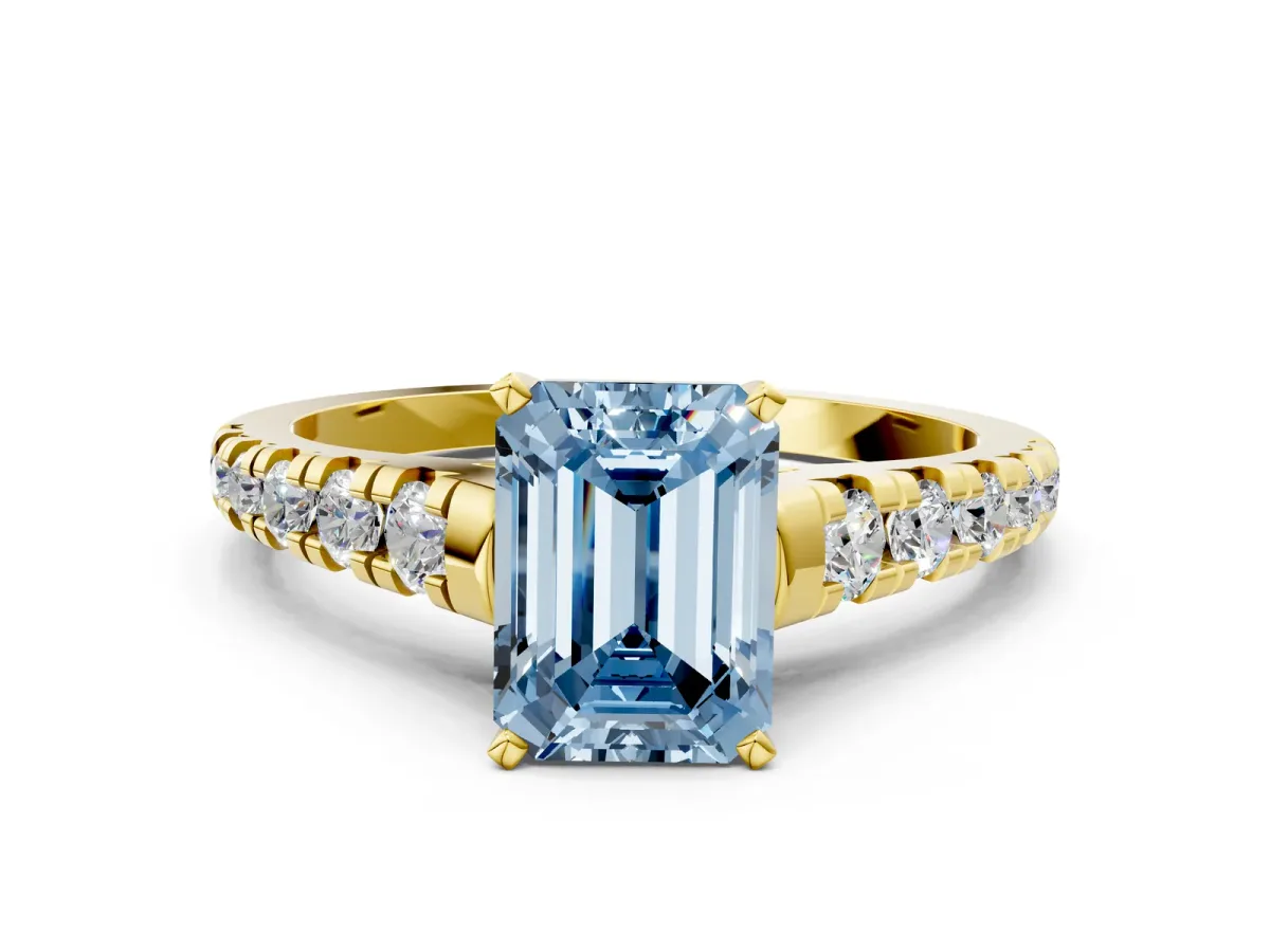 Fancy Blue Emerald Cut Diamond Cathedral Solitaire Ring with Round Pavé Band Yellow gold