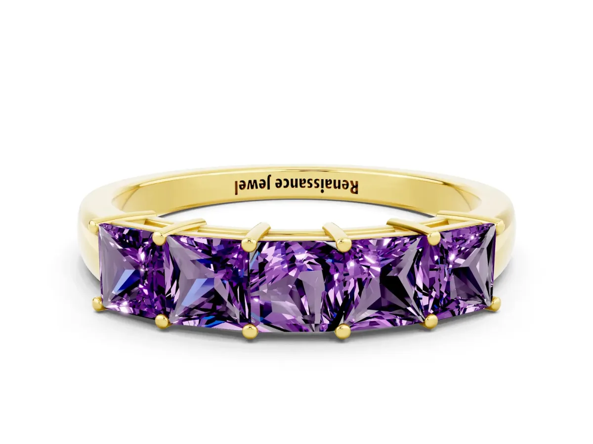 Princess Cut Five-Stone Amethyst Band with Prong Setting Yellow gold