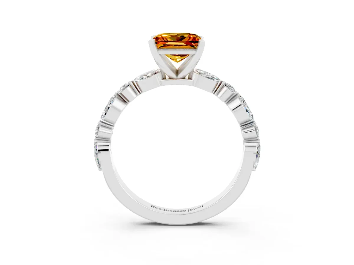 Princess Cut Citrine Ring with Marquise and Round Side Stones and Four-Prong Setting Platinum