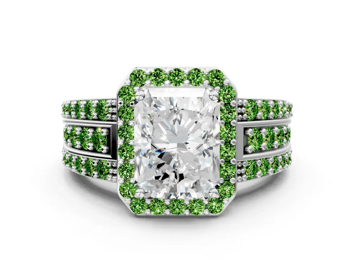 Radiant Cut Halo Diamond Ring with Round Peridot Split Shank and Prong Setting Silver