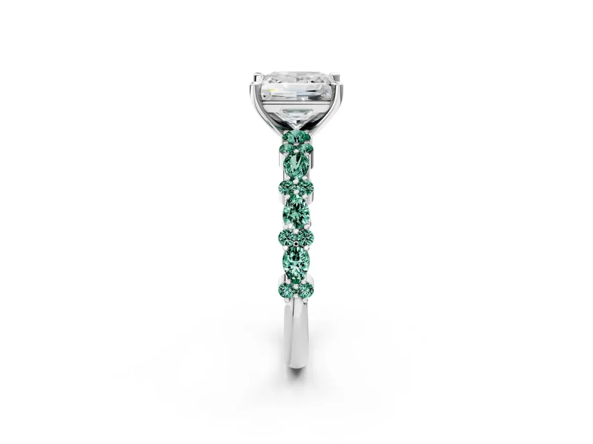 Princess Cut Diamond Side Stone Solitaire Ring with Round Green Sapphire and Four-Prong Setting Platinum