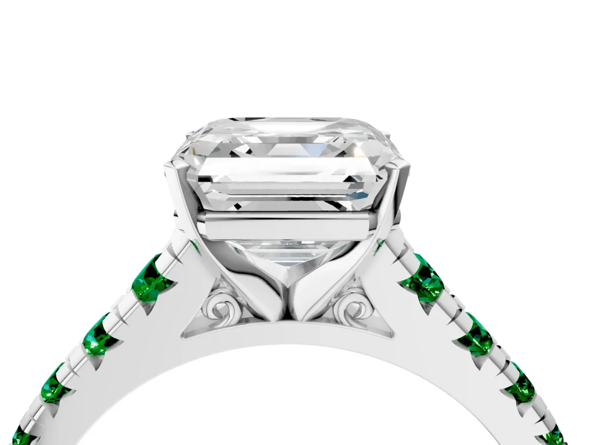 Asscher Cut Diamond Cathedral Solitaire Ring with Round Emerald Pavé Band White gold