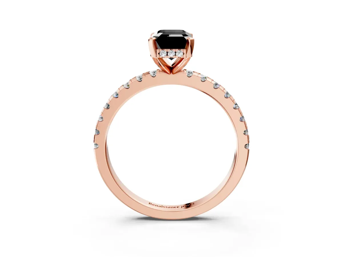 Fancy Black Emerald Cut Diamond Solitaire Ring with Round Pavé Band and Four-Prong Setting Rose gold
