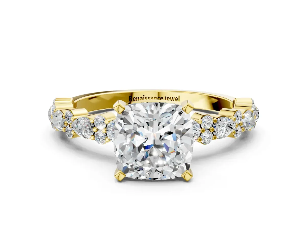 Cushion Cut Diamond Side Stone Solitaire Ring with Round Moissanite and Four-Prong Setting Yellow gold