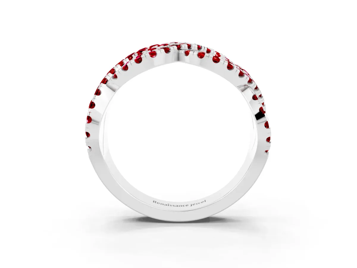 Pavé Round Ruby Infinity Twist Band with Shared Prong Setting Silver