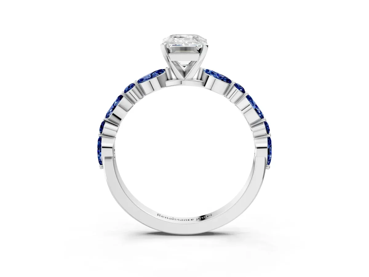 Emerald Cut Diamond Ring with Marquise and Round Blue Sapphire Side Stones and Four-Prong Setting Silver