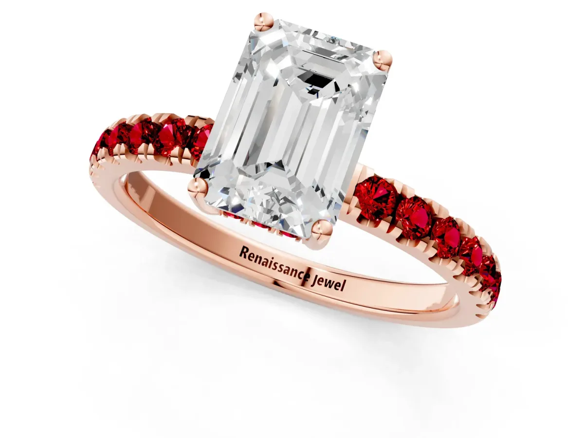 Emerald Cut Diamond Pave Band Solitaire Ring with Round Ruby and Prong Setting Rose gold