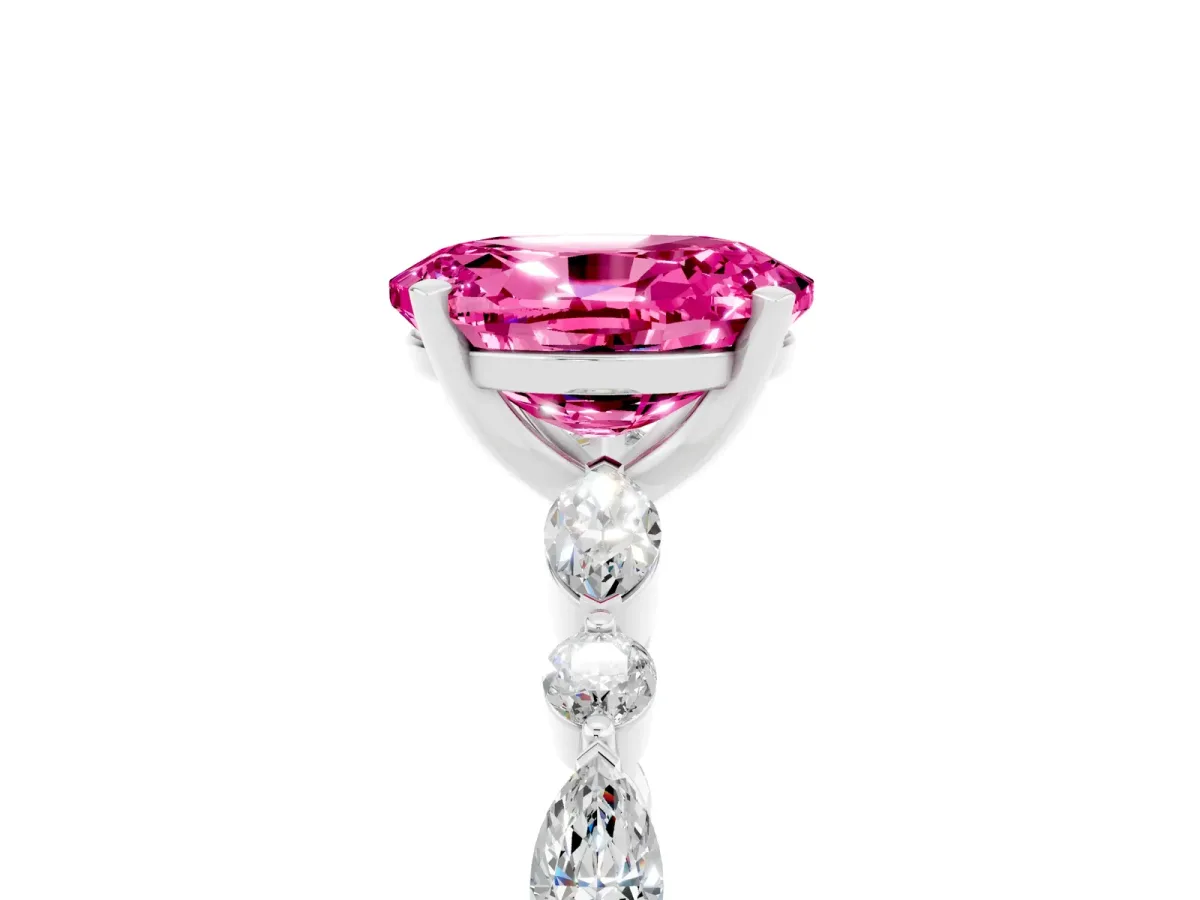 Oval Cut Pink Sapphire Ring with Marquise and Round Side Stones and Four-Prong Setting Platinum