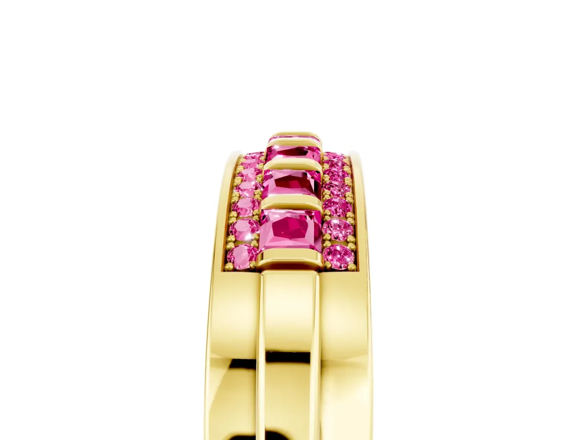 Bar-Set Princess Cut Pink Sapphire Pavé Band Yellow gold